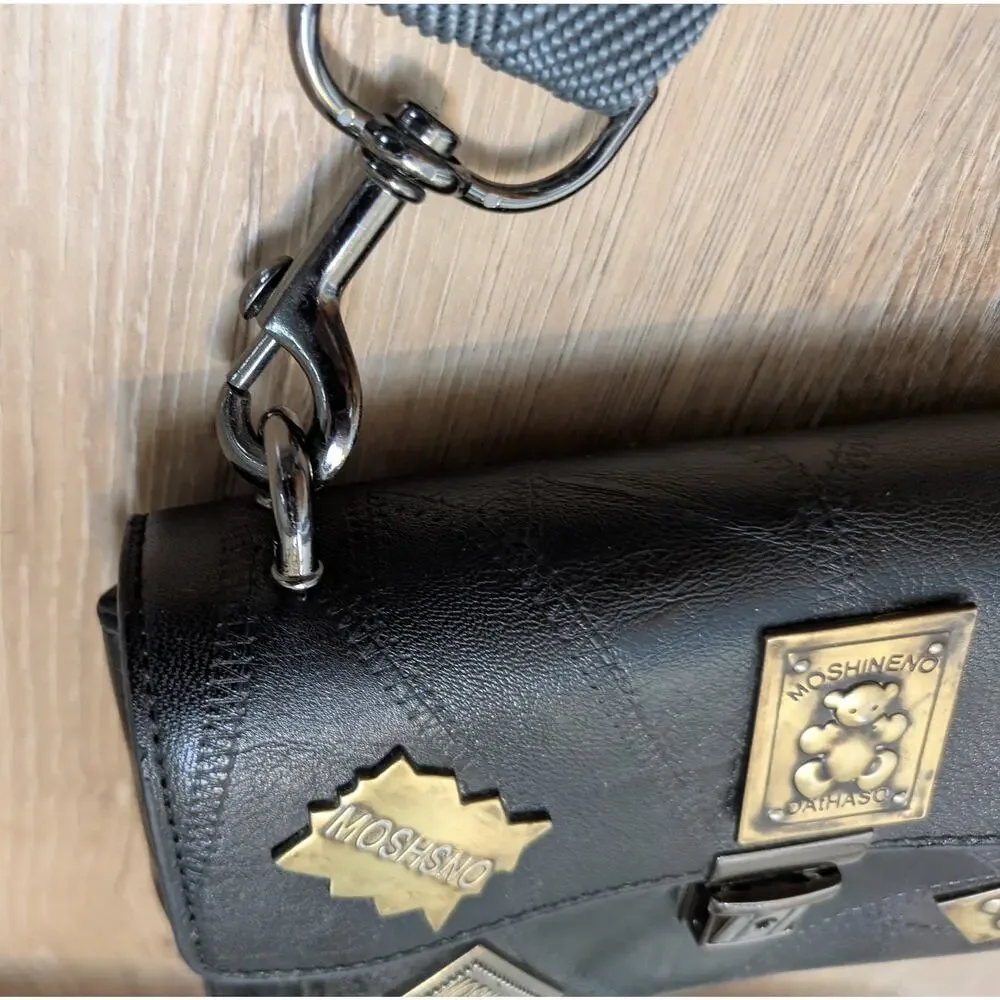 Moshineno Crossbody Bag Black Moto Patchwork Metal Badge Wide Strap Moshoinot